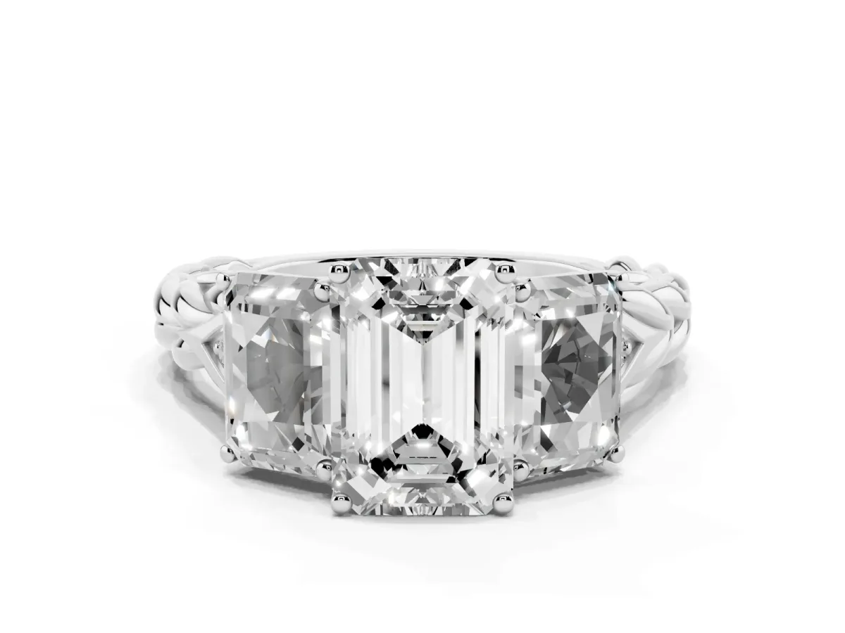 Three-Stone Radiant Cut Diamond Braided Band Ring with Four-Prong Setting Silver