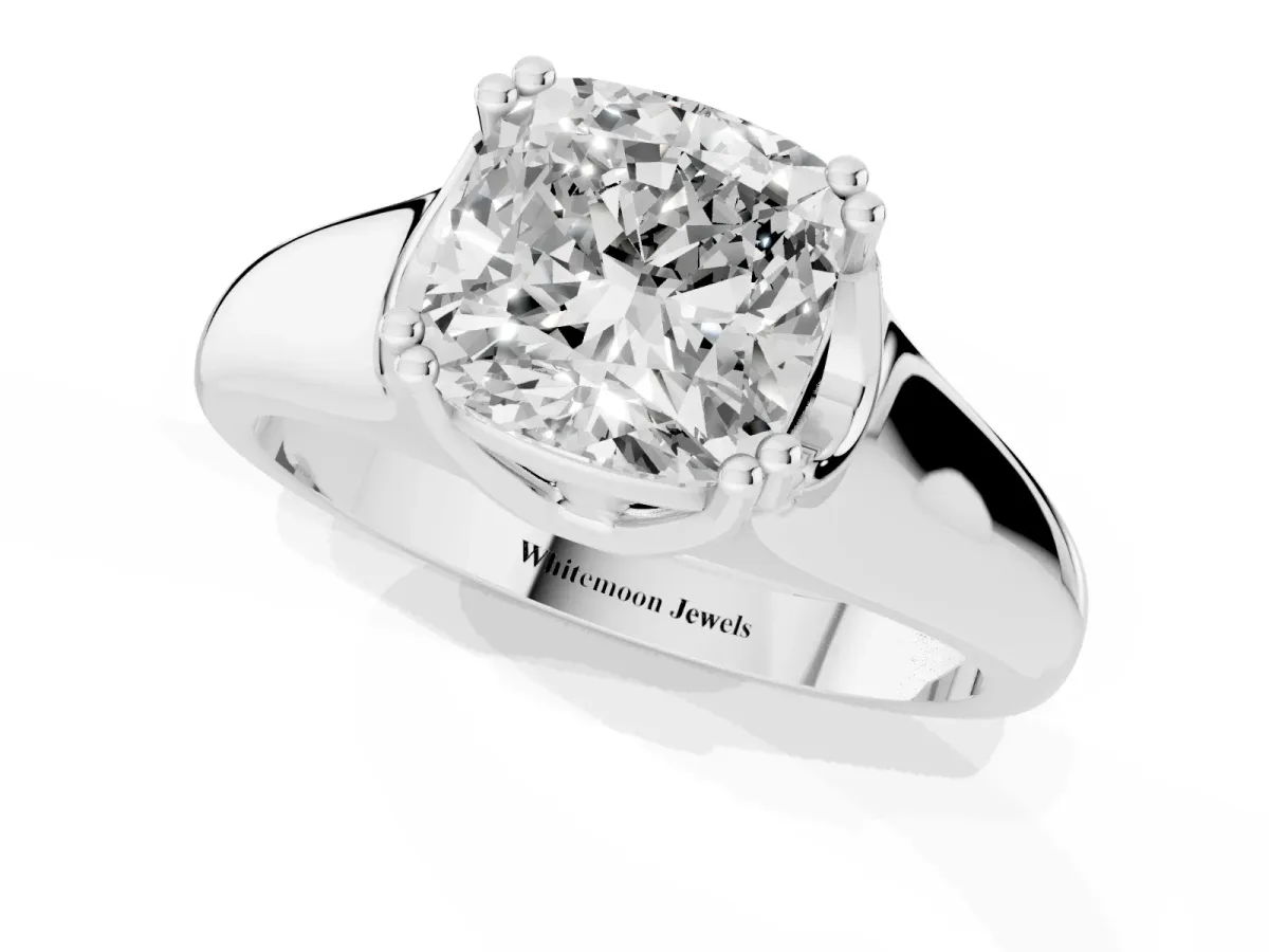Cushion Cut Diamond Solitaire Ring with Wide Band and Prong Setting White gold