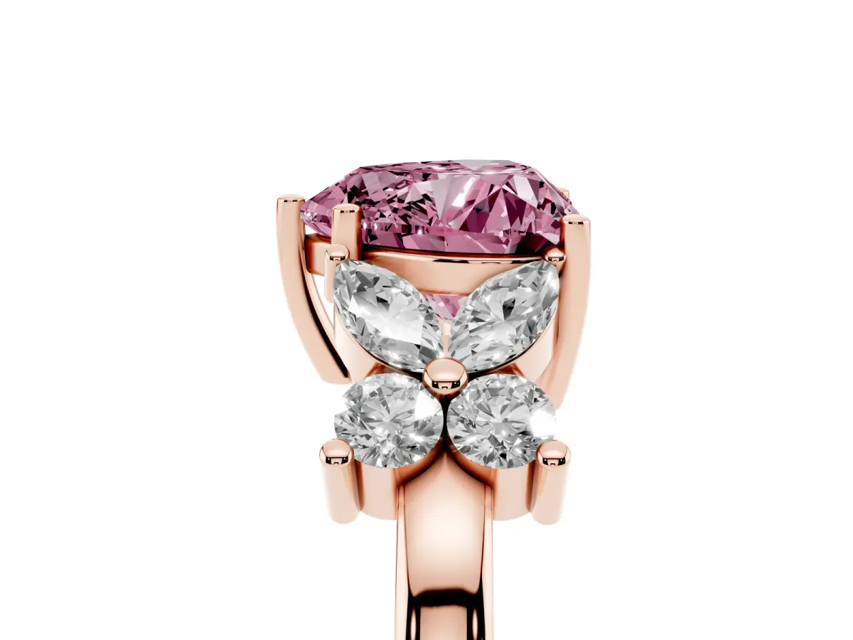 Fancy Pink Heart Cut Diamond Floral Cluster Ring with Solitaire Band and Prong Setting Rose gold