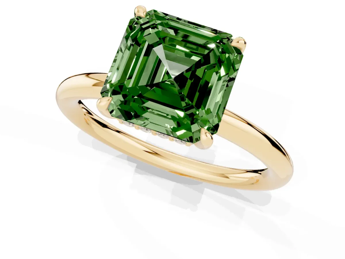 Fancy Green Asscher Cut Diamond Solitaire Ring with Thin Band and Four-Prong Setting Yellow gold