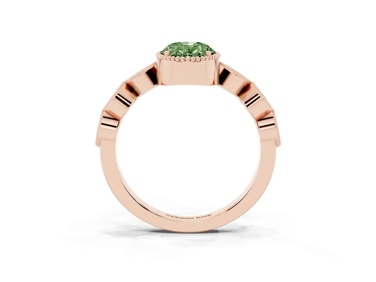 Fancy Green Oval Cut Diamond Vintage Milgrain Ring with Round Stations Rose gold