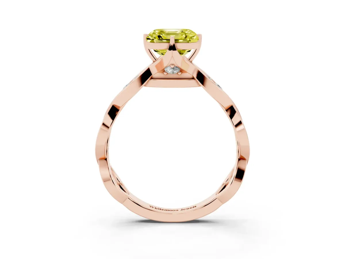 Fancy Yellow Asscher Cut Solitaire Twist Band with Leaf Prong Setting Rose gold