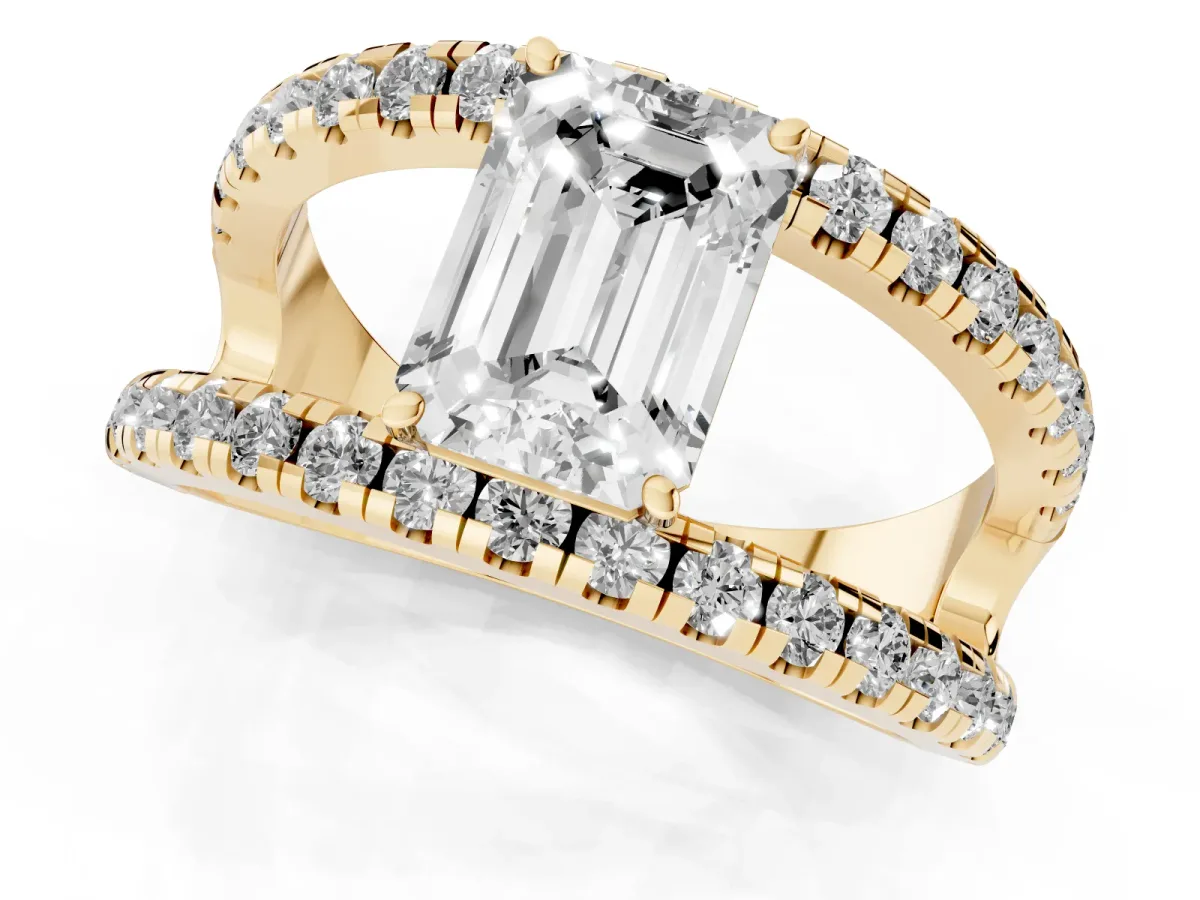 Emerald Cut Solitaire Split Shank Pave Diamond Ring Yellow gold