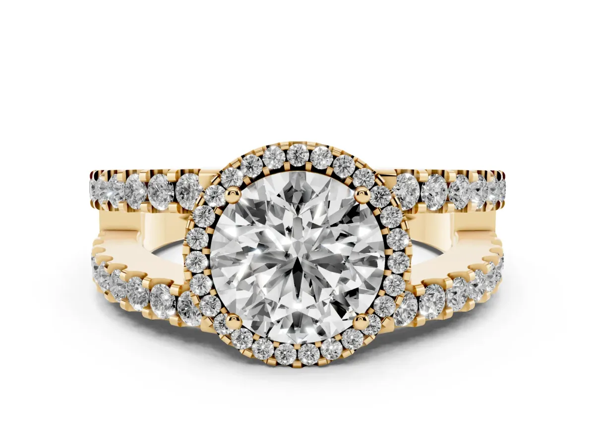 Round Cut Cut Halo Split Shank Diamond Ring with Four-Prong Setting Yellow gold