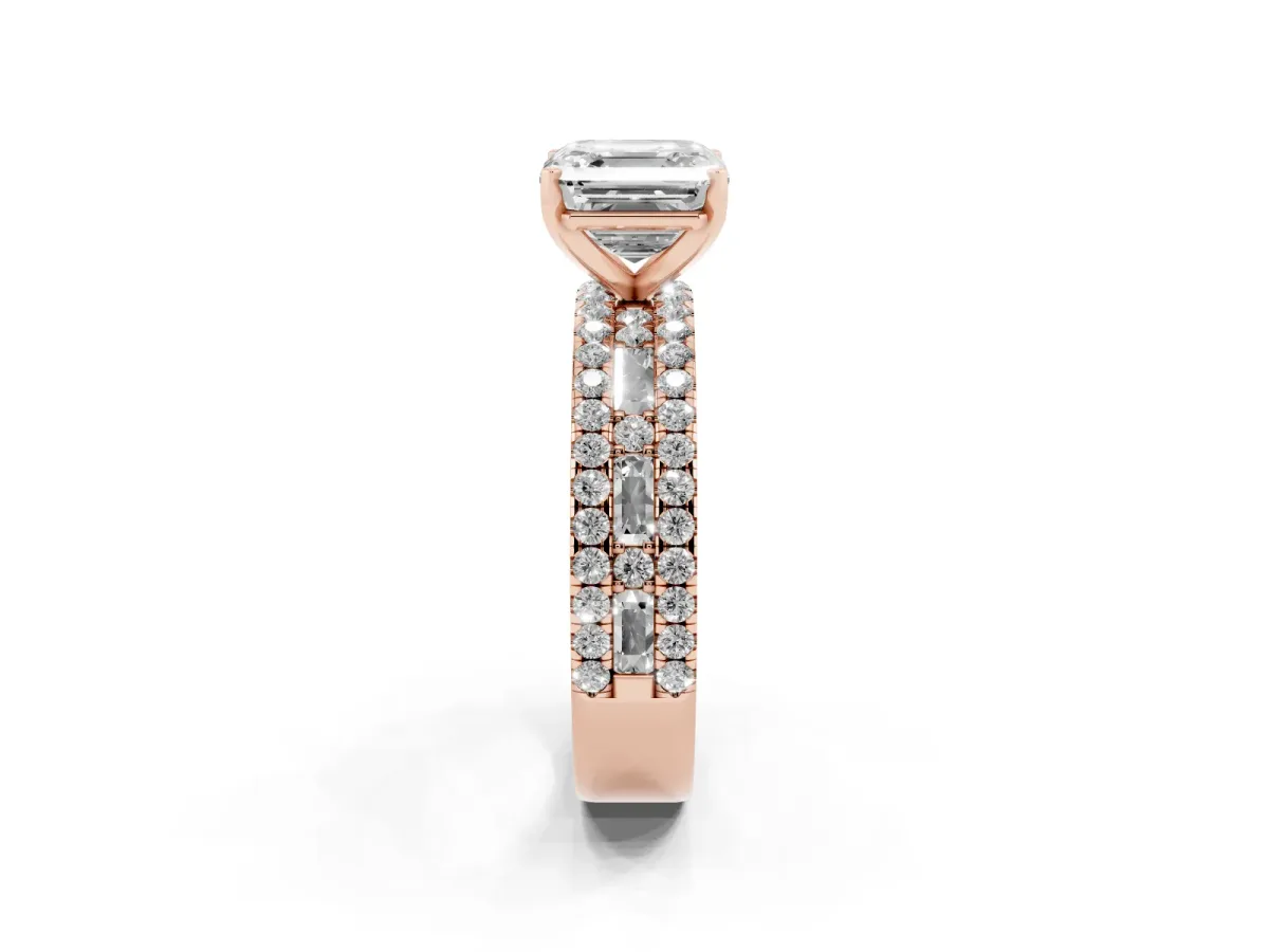 Asscher Cut Diamond Solitaire Ring with Pavé and Channel Set Band Rose gold