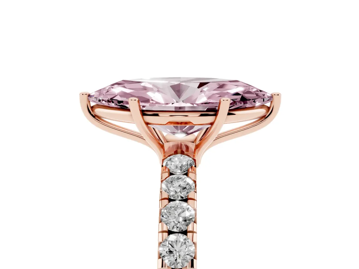 Fancy Pink Marquise Cut Diamond Pavé Solitaire Engagement Ring with Four-Prong Setting Rose gold