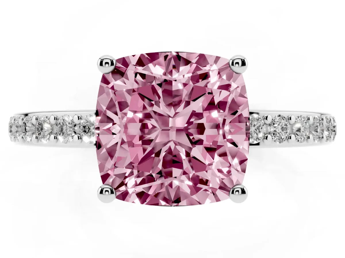 Fancy Pink Cushion Cut Cut Diamond Pavé Band Ring with Four-Prong Setting Silver