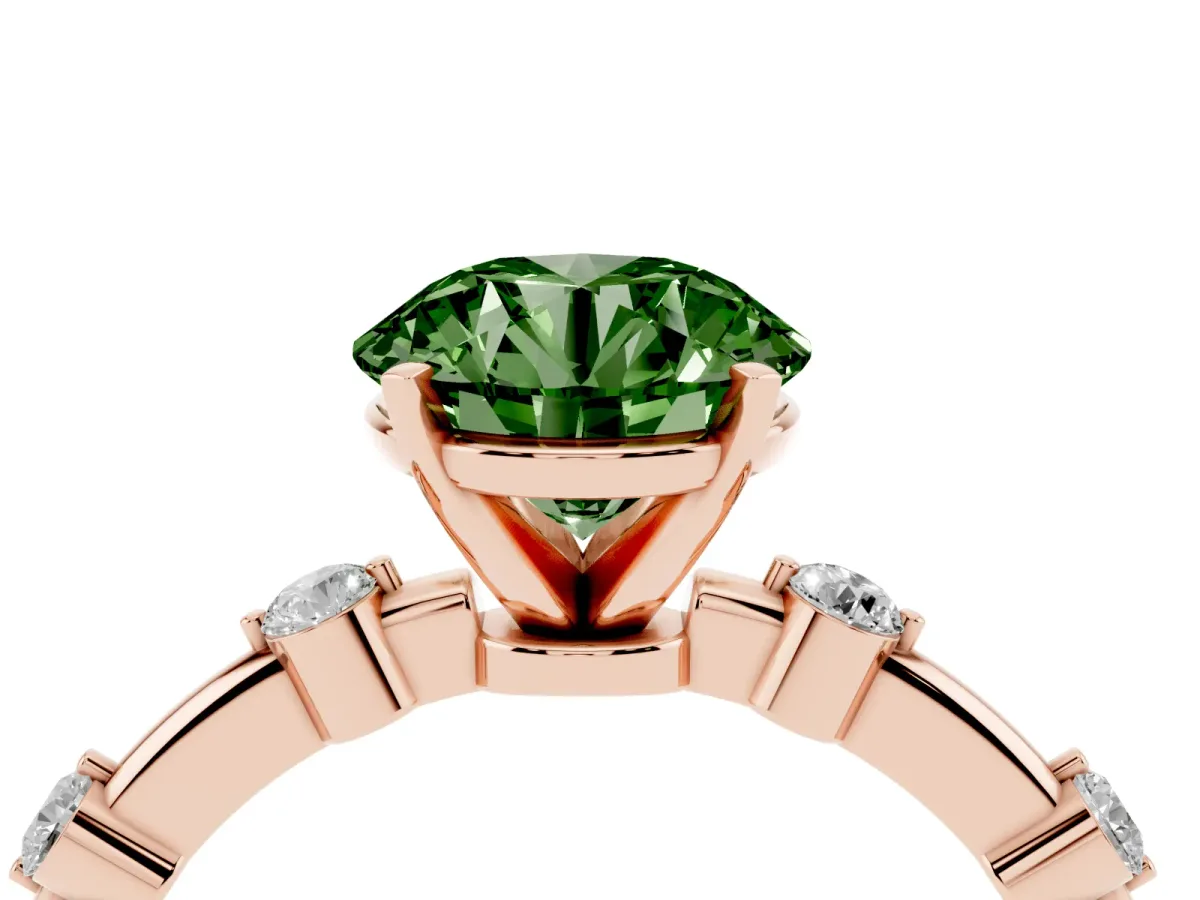 Fancy Green Round Cut Solitaire Diamond Ring with Bezel Set Side Stones and Prong Setting Rose gold