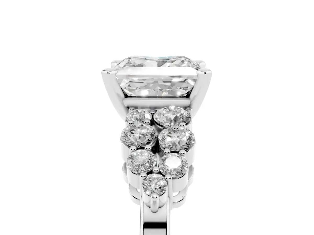Princess Cut Cluster Diamond Engagement Ring with Pavé Band and Four-Prong Setting Platinum