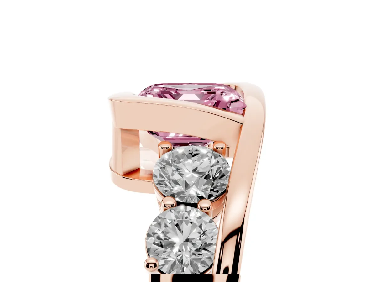 Fancy Pink Bezel Set Asscher Cut Diamond Bypass Ring with Round Accents Rose gold