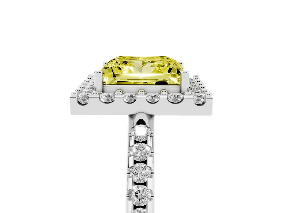 Fancy Yellow Princess Cut Diamond Pavé Halo Ring with Four-Prong Setting Silver