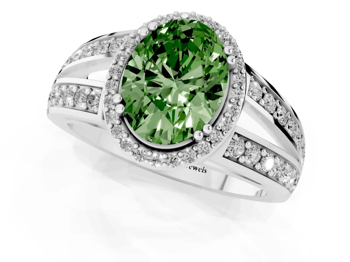 Fancy Green Oval Cut Diamond Halo Ring with Split Shank Pavé Band and Four-Prong Setting Platinum