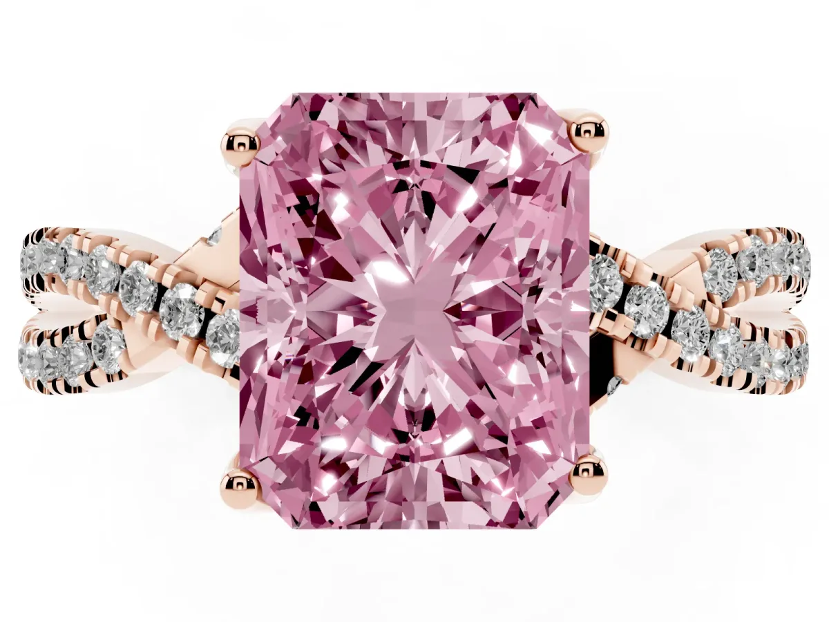 Fancy Pink Radiant Cut Solitaire Twist Pave Diamond Engagement Ring with Prong Setting Rose gold