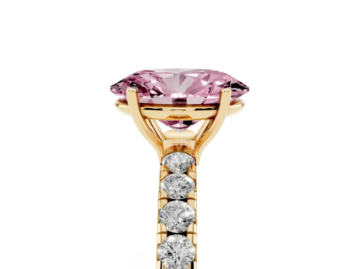 Fancy Pink Oval Cut Diamond Pavé Solitaire Engagement Ring with Four-Prong Setting Yellow gold