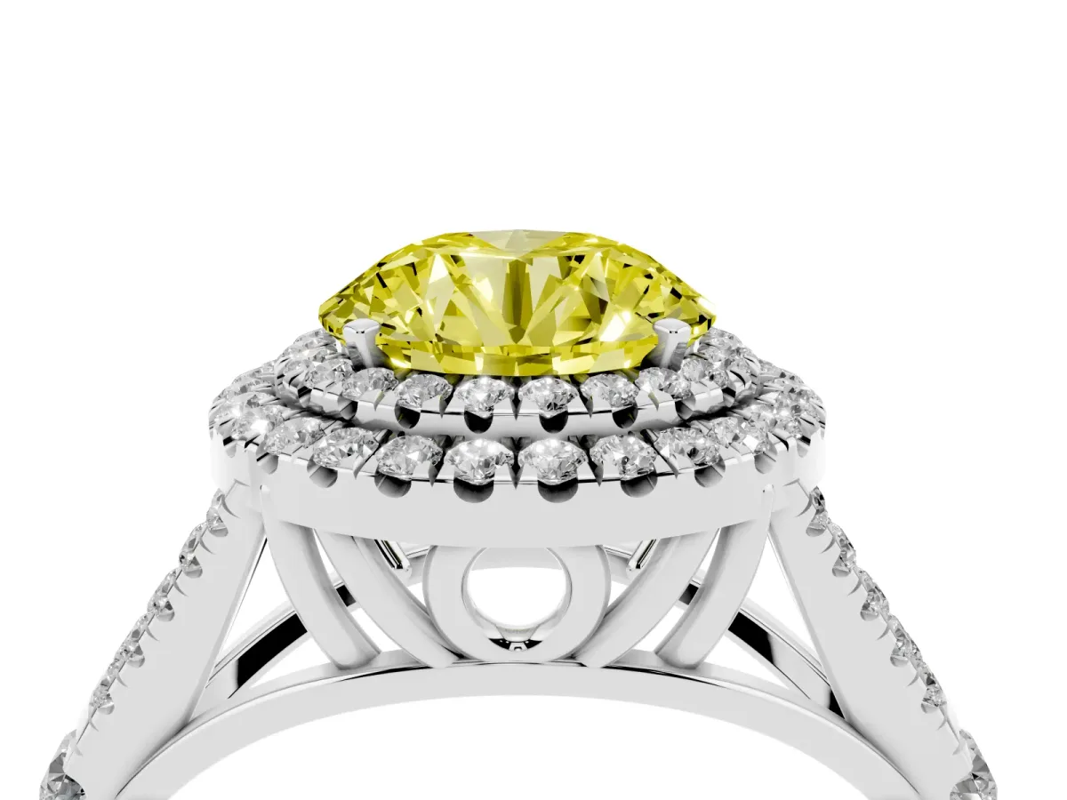 Fancy Yellow Round Cut Diamond Pavé Split Shank Double Halo Engagement Ring Silver