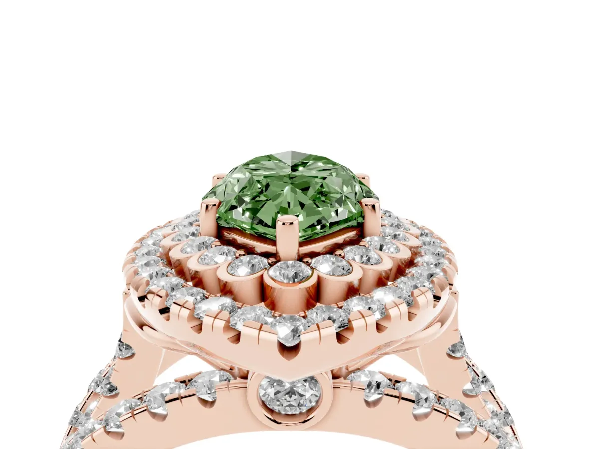 Fancy Green Marquise Cut Diamond Double Halo Ring with Round Pavé Split Shank and Prong Setting Rose gold