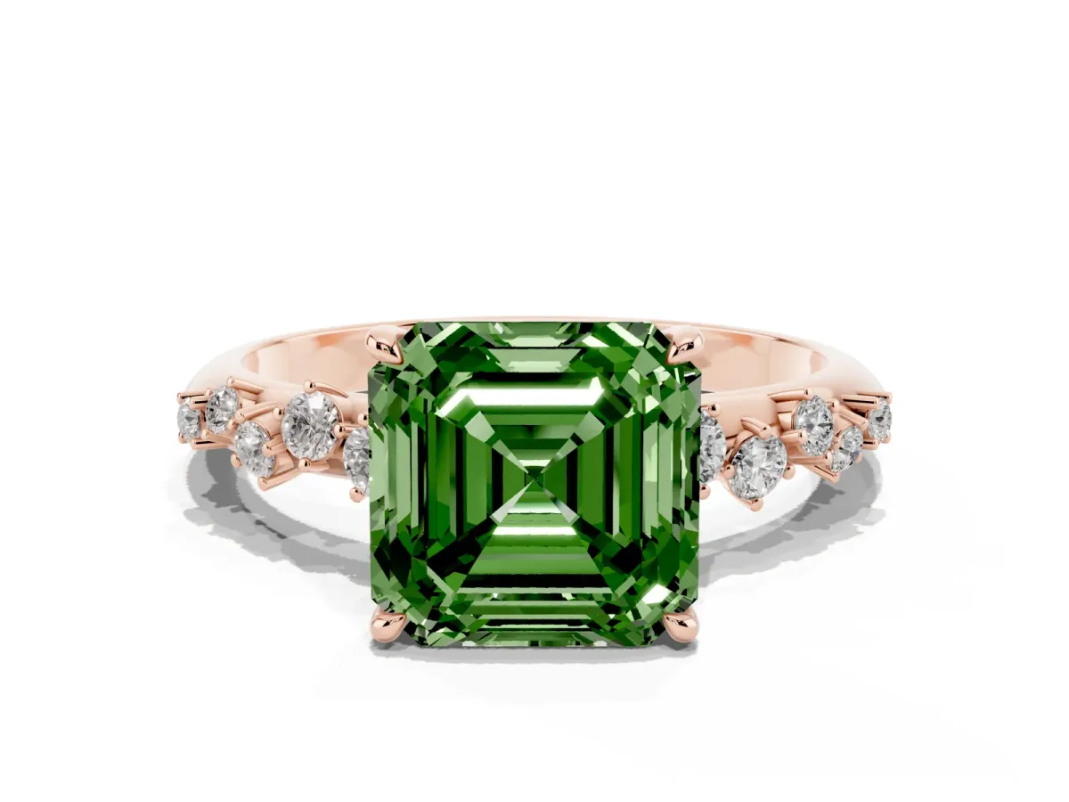 Fancy Green Asscher Cut Diamond Cluster Side Stone Solitaire Ring with Prong Setting Rose gold