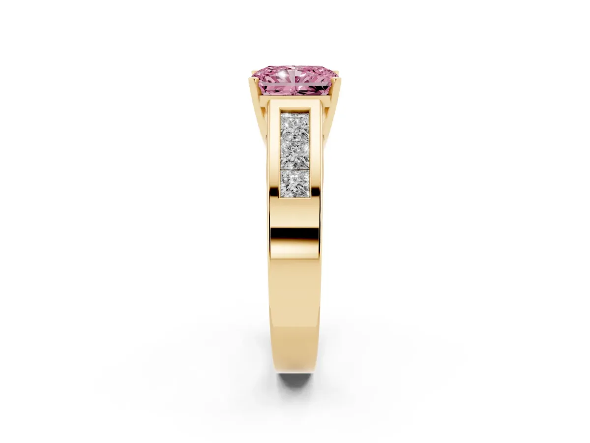 Fancy Pink Radiant Cut Cut Channel Set Solitaire Ring with Four-Prong Setting Yellow gold