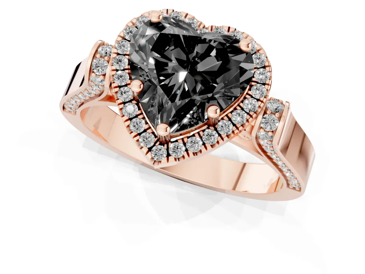 Fancy Black Heart Cut Halo Round Diamond Twist Band with Four-Prong Setting Rose gold