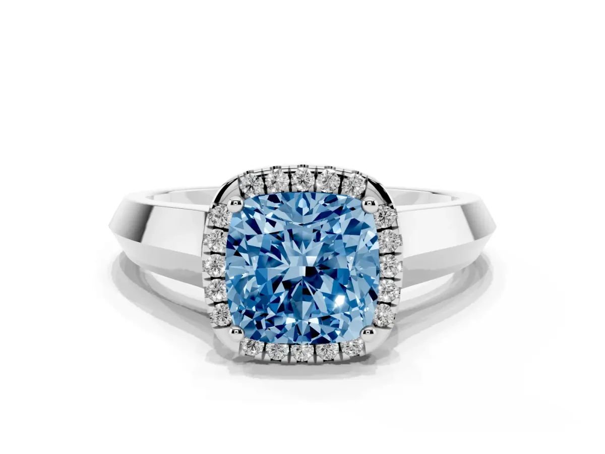 Fancy Blue Cushion Cut Halo Diamond Ring with Cathedral Band and Four-Prong Setting Silver