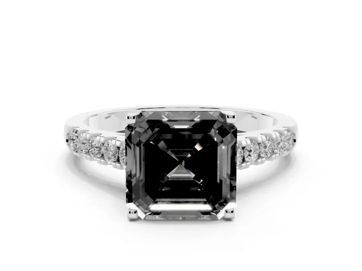 Fancy Black Asscher Cut Diamond Pavé Band Solitaire Ring with Prong Setting Platinum