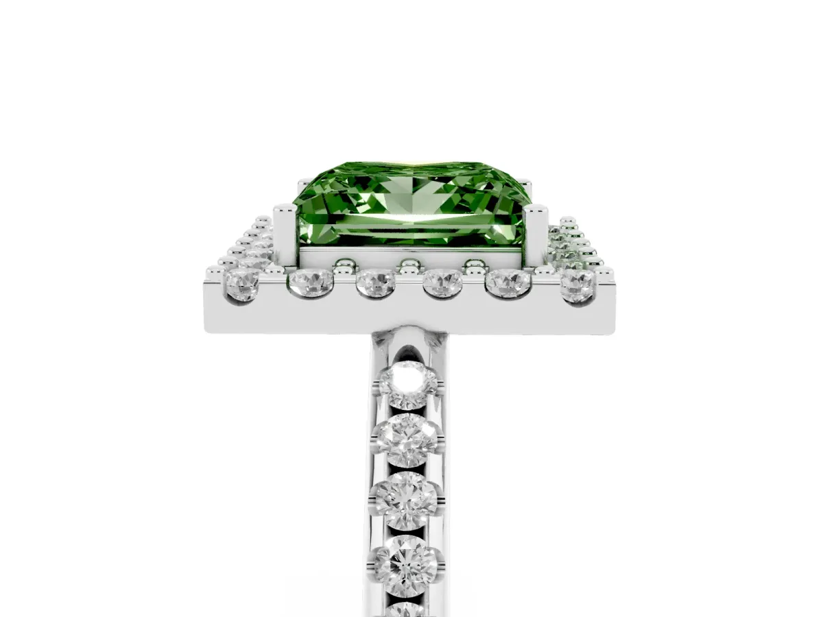 Fancy Green Princess Cut Diamond Pavé Halo Ring with Four-Prong Setting Silver