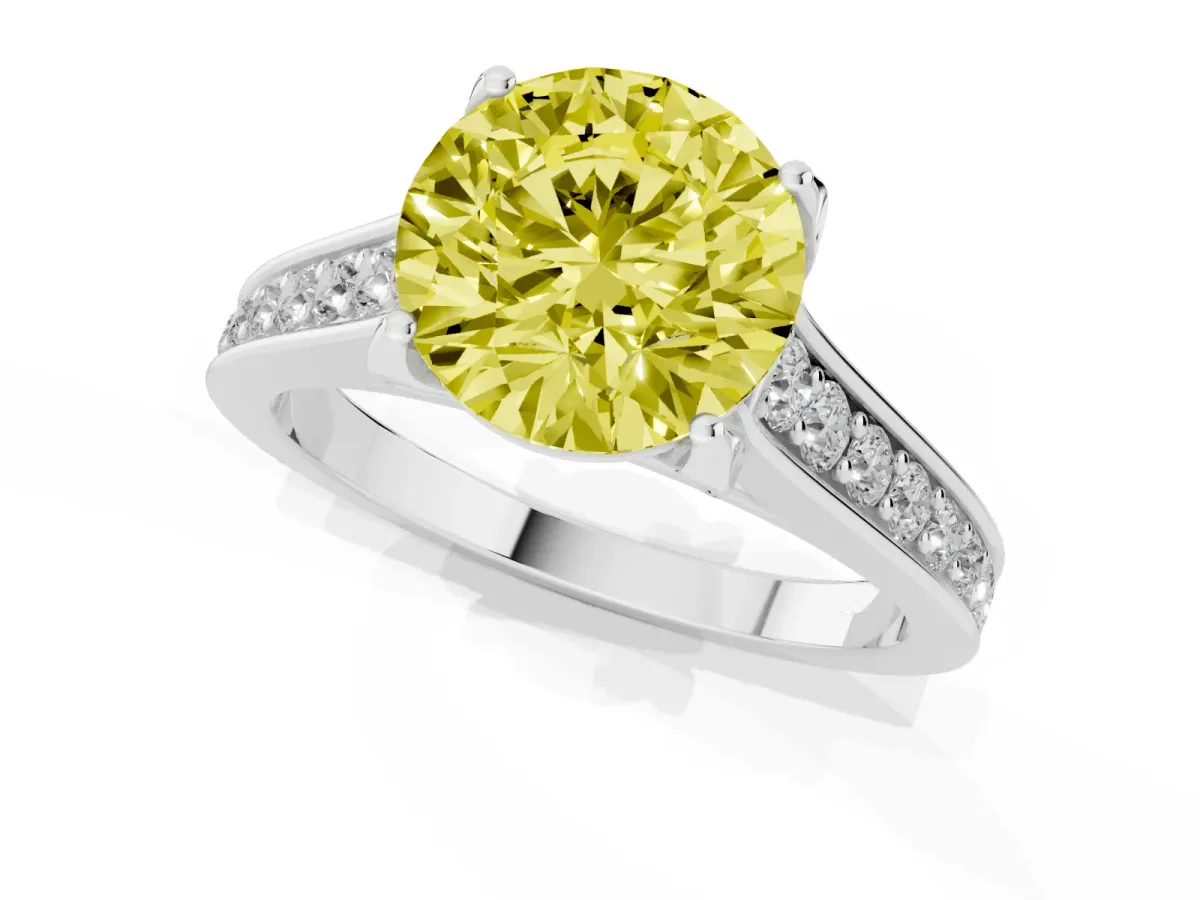 Fancy Yellow Round Cut Brilliant Cut Diamond Engagement Ring with Pavé Band and Four-Prong Setting Platinum