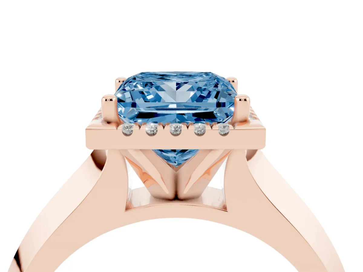 Fancy Blue Princess Cut Halo Diamond Ring with Cathedral Band and Four-Prong Setting Rose gold