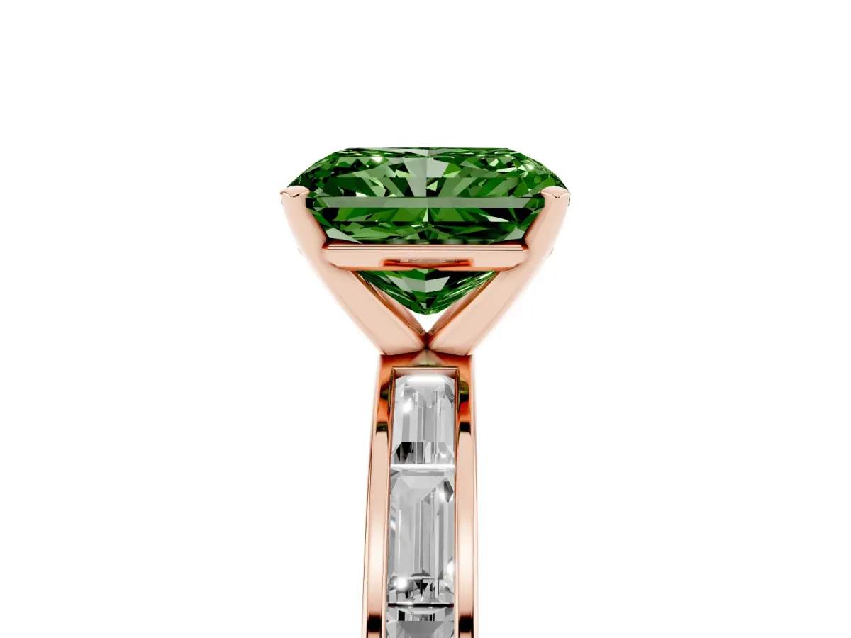 Fancy Green Radiant Cut Solitaire Diamond Ring with Channel-Set Baguette Band and Four-Prong Setting Rose gold