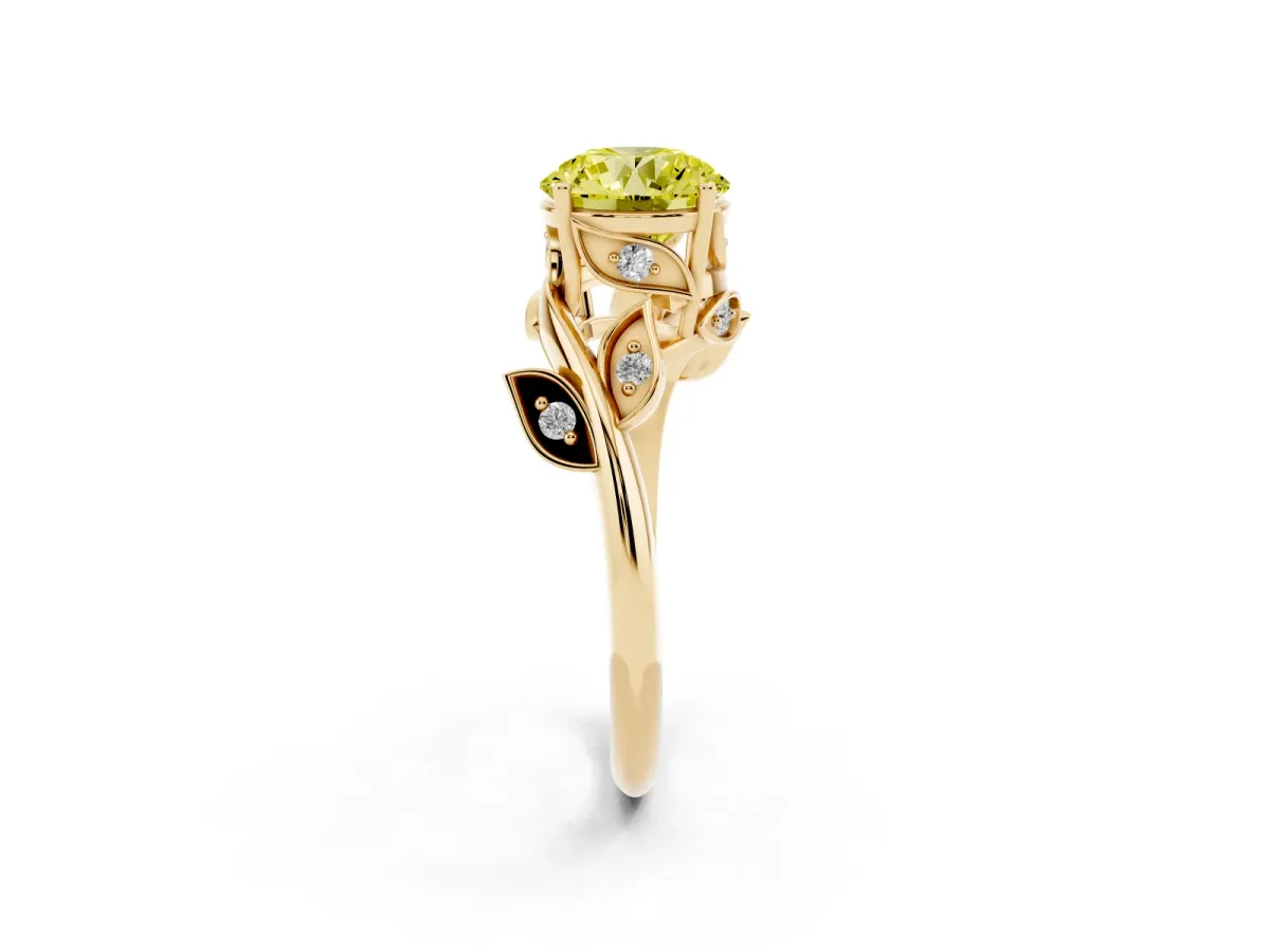 Fancy Yellow Round Cut Solitaire Twist Engagement Ring with Leaf Accents and Prong Setting Yellow gold