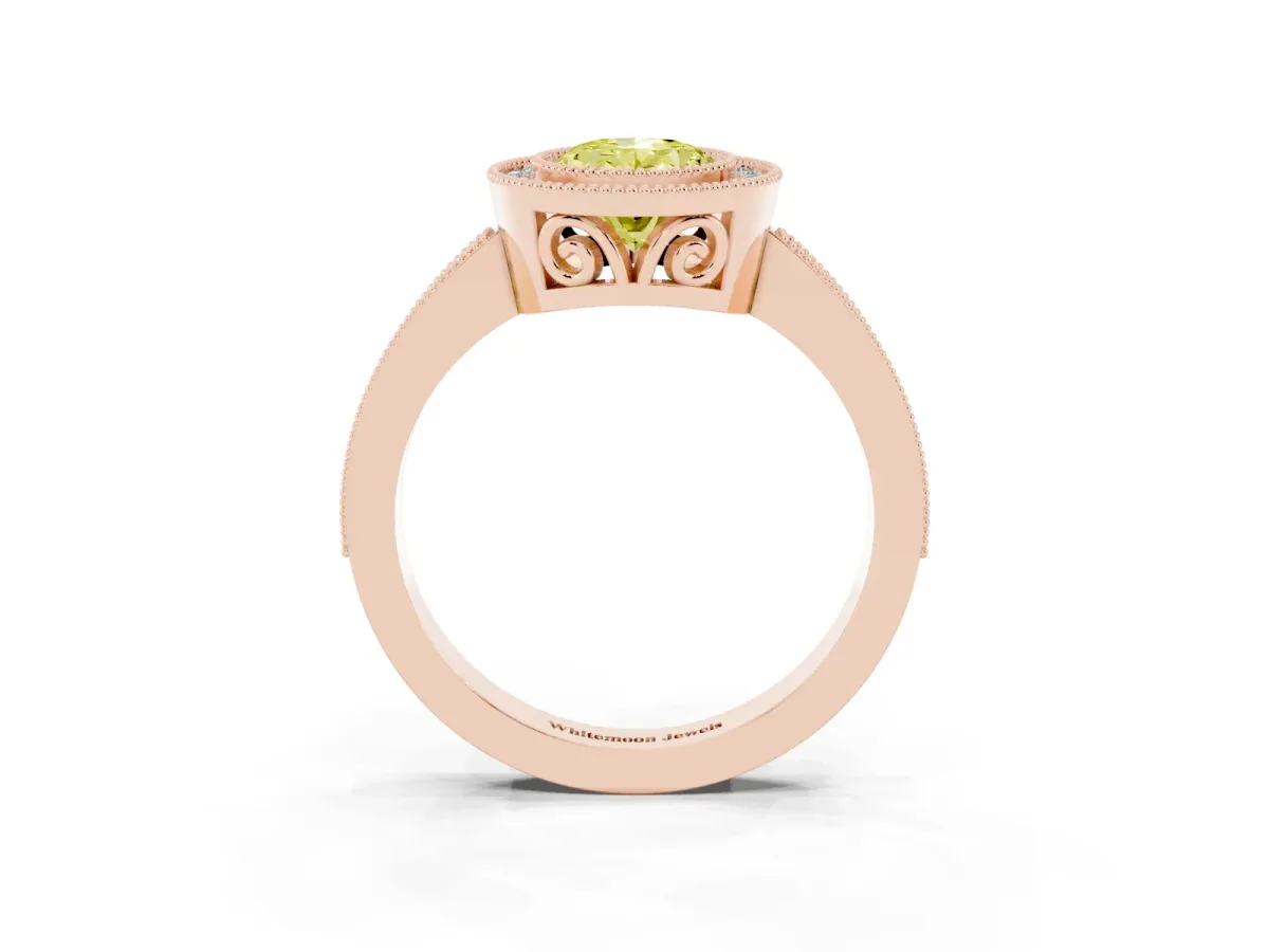 Fancy Yellow Oval Cut Cut Halo Diamond Ring with Pavé Band and Milgrain Prong Setting Rose gold