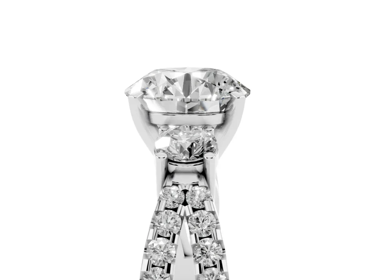 Round Cut Diamond Three-Stone Ring with Pavé Split Shank and Four-Prong Setting White gold