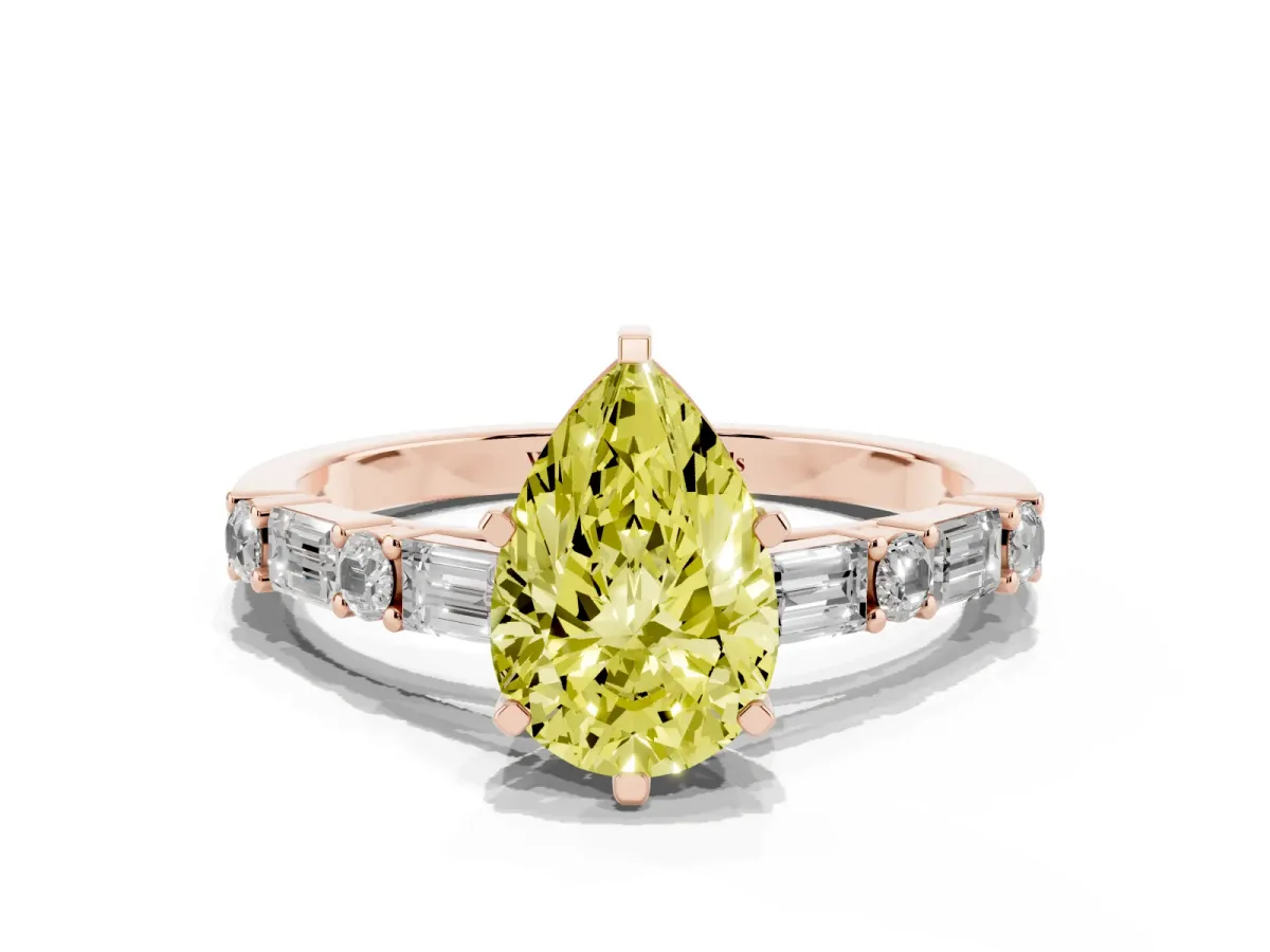 Fancy Yellow Pear Cut Diamond Solitaire with Side Baguettes and Channel Set Band Rose gold
