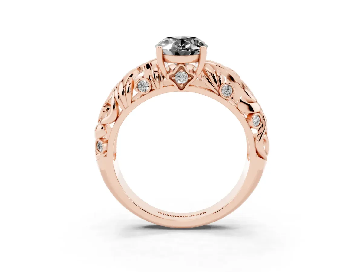 Fancy Black Oval Cut Solitaire Diamond Leaf-Inspired Vine Band Ring with Prong Setting Rose gold