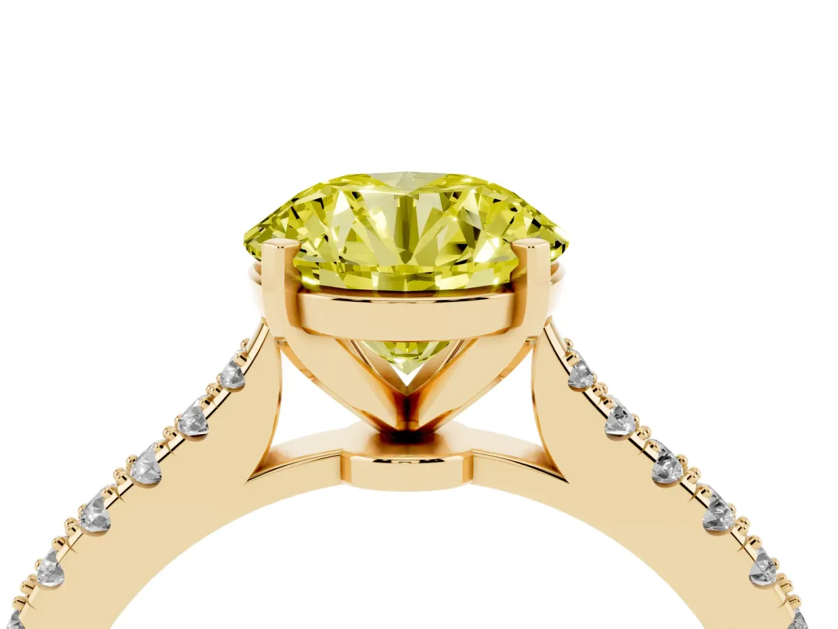 Fancy Yellow Round Cut Cut Solitaire Diamond Engagement Ring with Pave Band and Four-Prong Setting Yellow gold