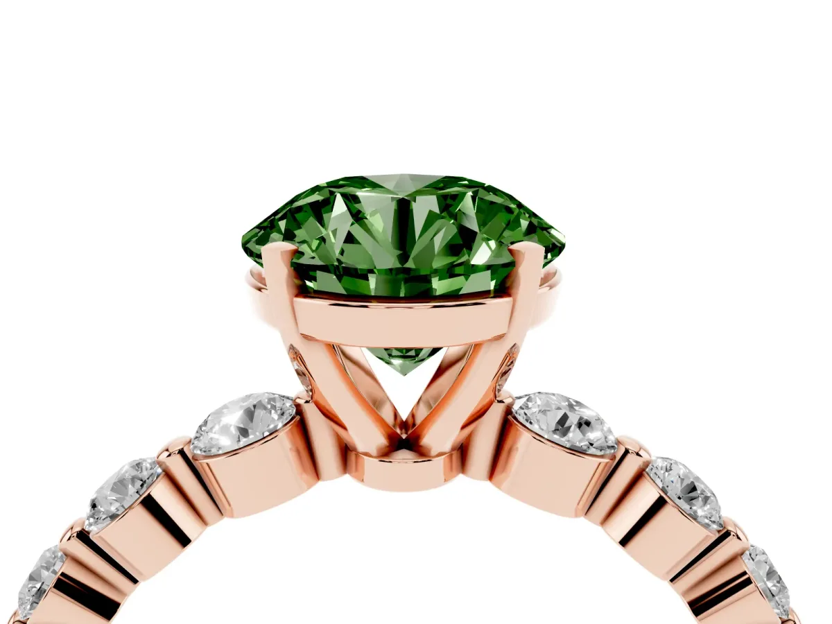 Fancy Green Round Cut Solitaire Diamond Ring with Pave Band and Four-Prong Setting Rose gold