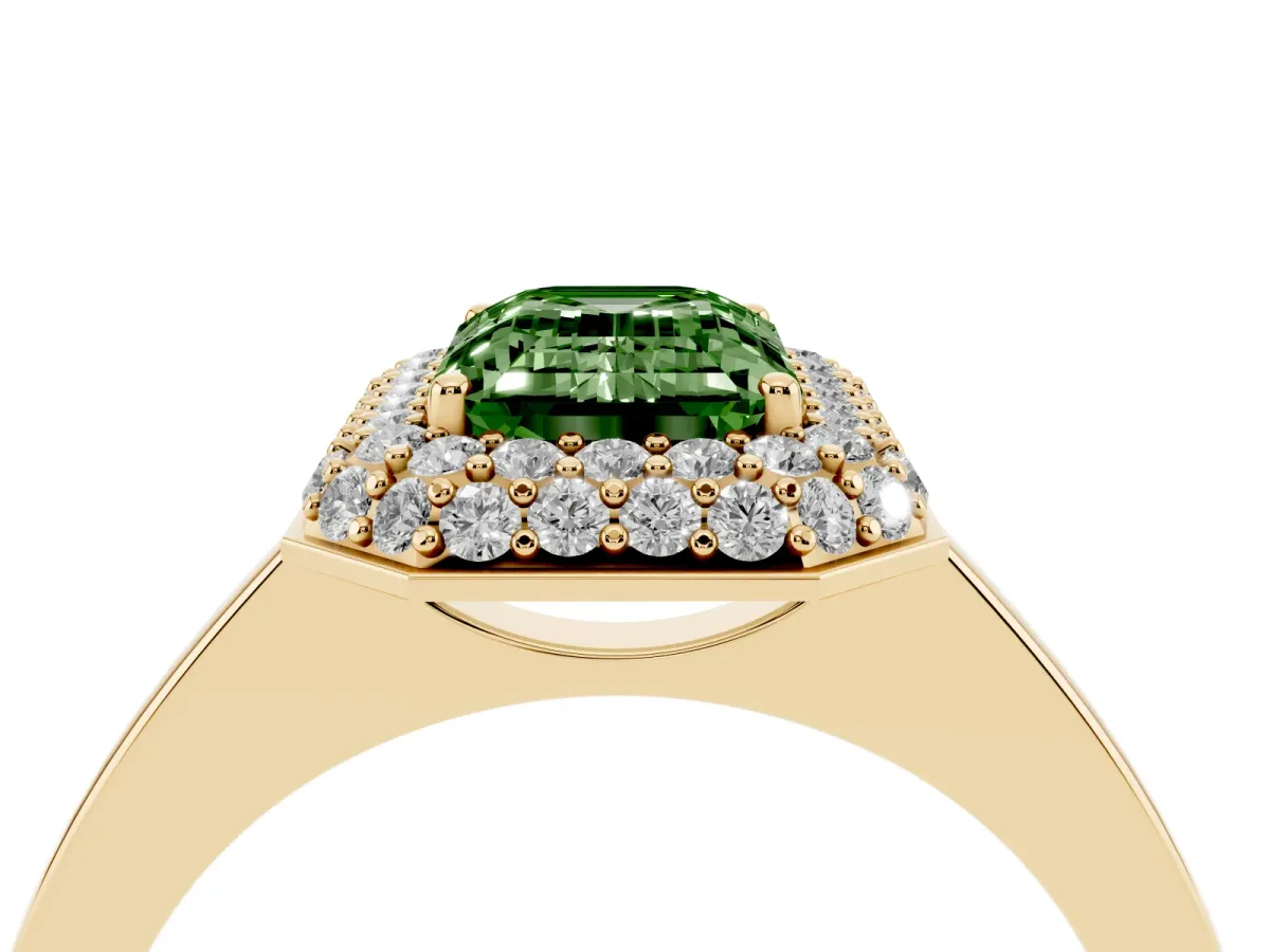 Fancy Green Emerald Cut Halo Diamond Engagement Ring with Solitaire Band and Four-Prong Setting Yellow gold