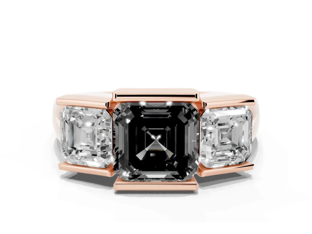 Fancy Black Three Stone Asscher Cut Cut Channel Set Diamond Ring Rose gold