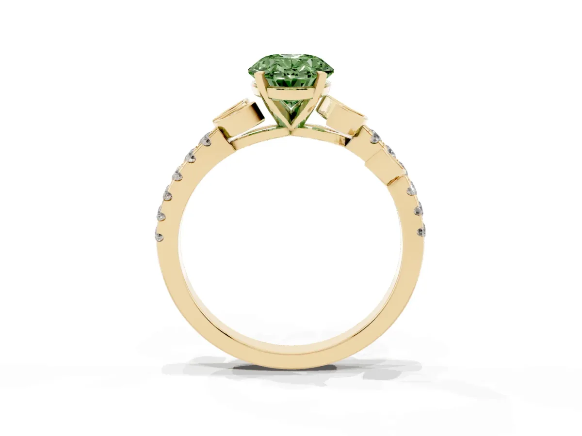 Fancy Green Oval Cut Solitaire Leaf-Inspired Diamond Ring with Pavé Band and Four-Prong Setting Yellow gold