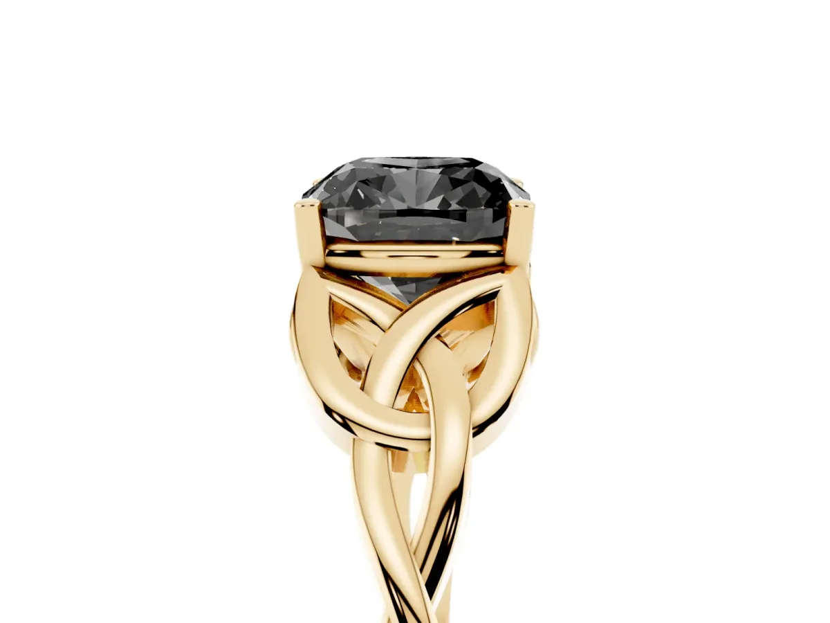 Fancy Black Cushion Cut Diamond Solitaire Engagement Ring with Celtic Knot Band and Four-Prong Setting Yellow gold