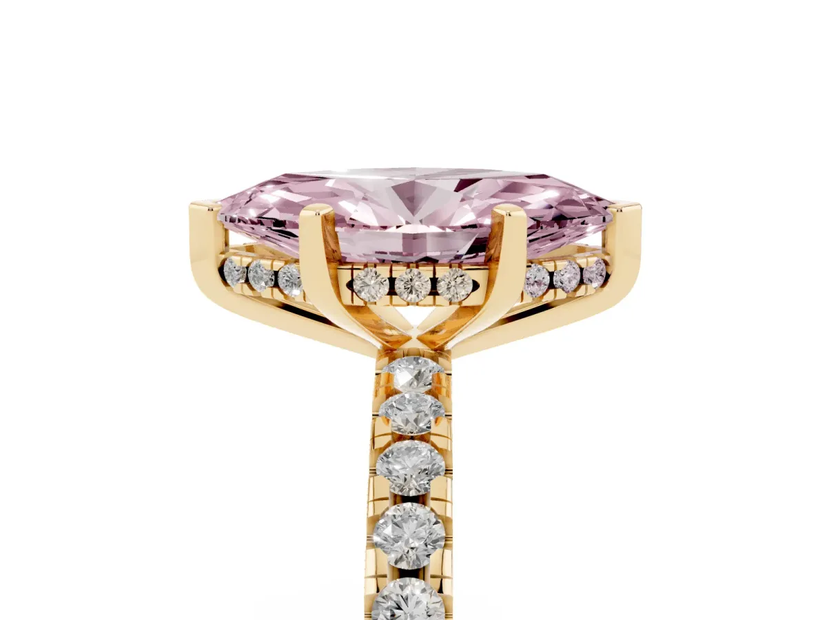 Fancy Pink Marquise Cut Diamond Solitaire Ring with Round Pavé Band and Four-Prong Setting Yellow gold