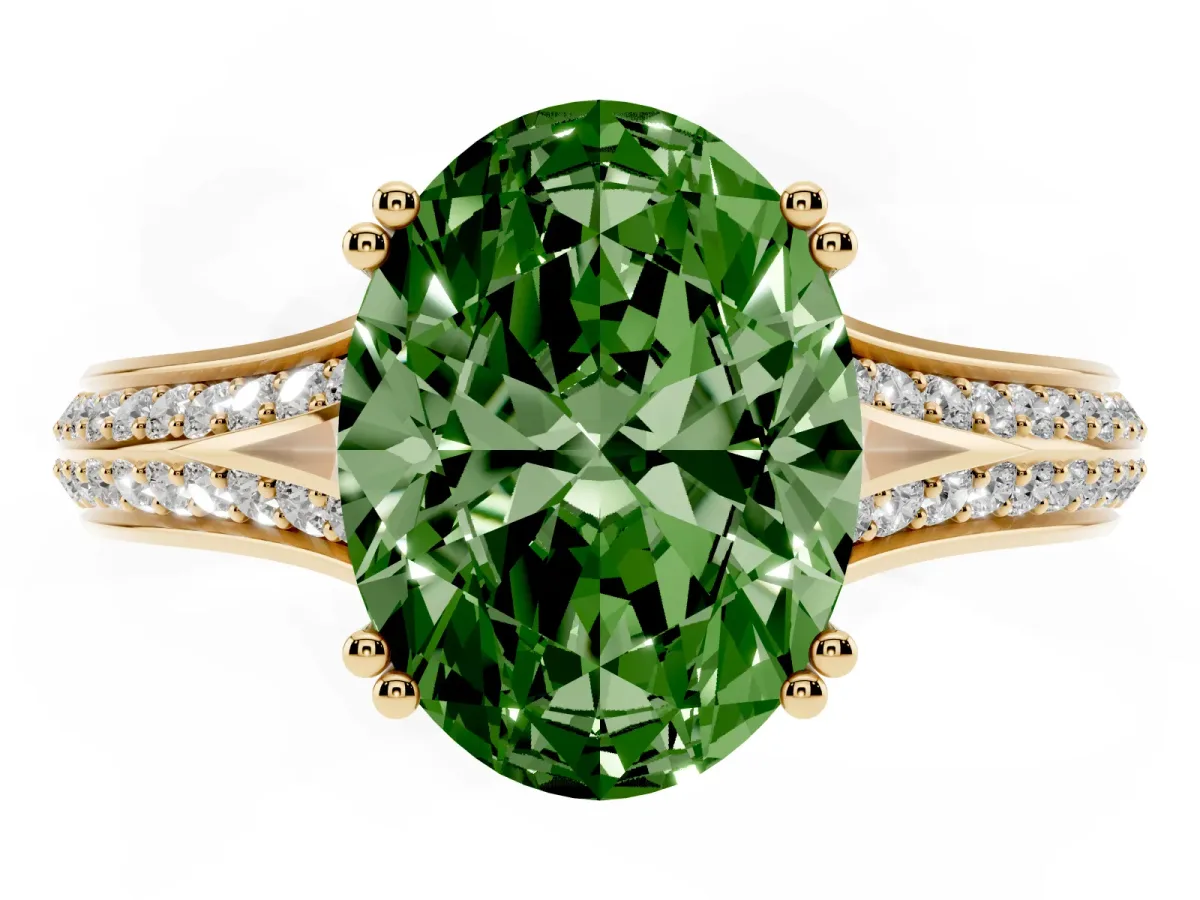 Fancy Green Oval Cut Diamond Split Shank Engagement Ring with Pavé Band Yellow gold