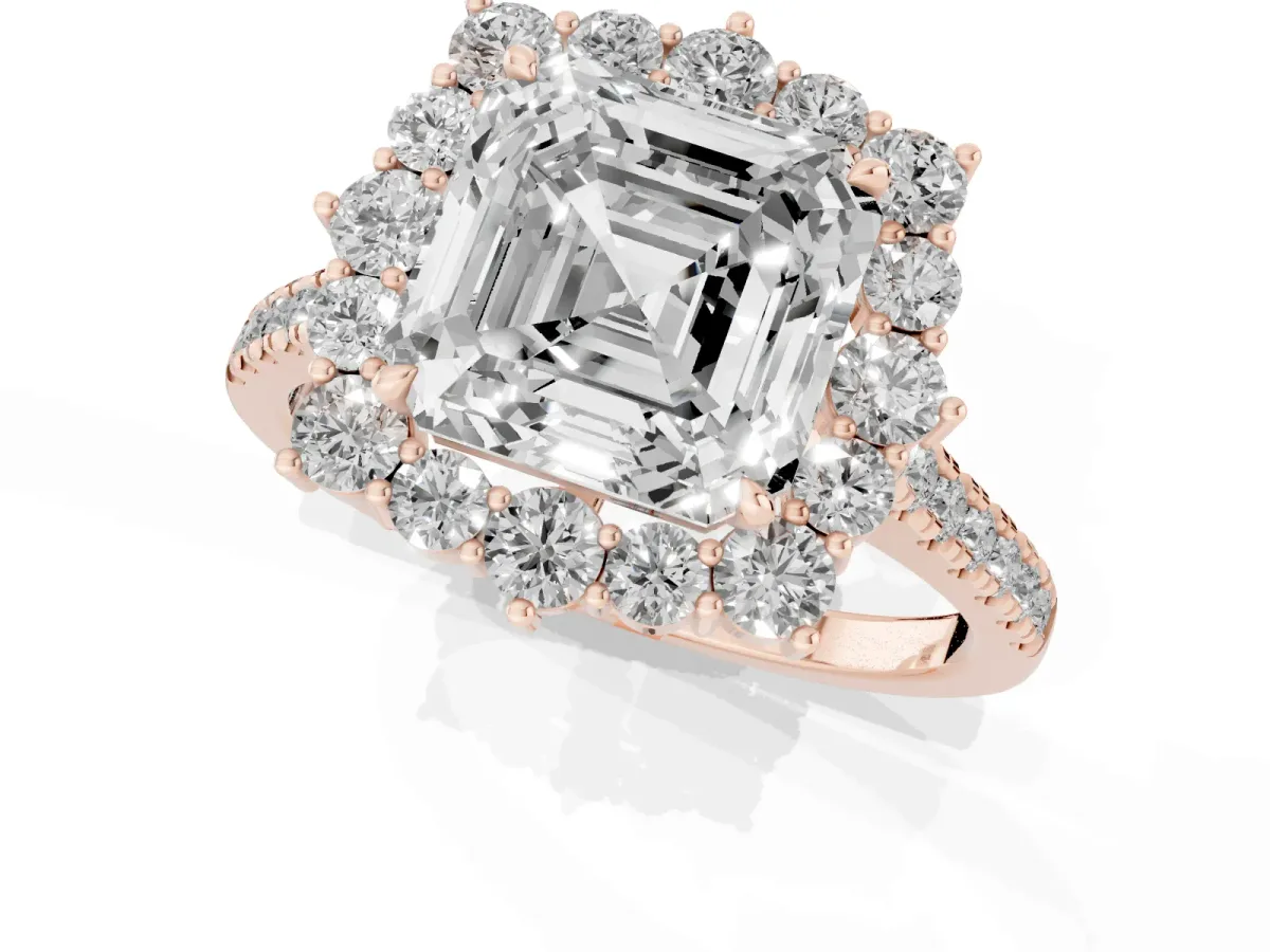 Asscher Cut Halo Diamond Ring with Pavé Band and Prong Setting Rose gold