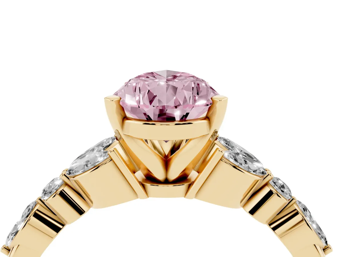 Fancy Pink Pear Cut Diamond Solitaire Ring with Side Stones and Four-Prong Setting Yellow gold