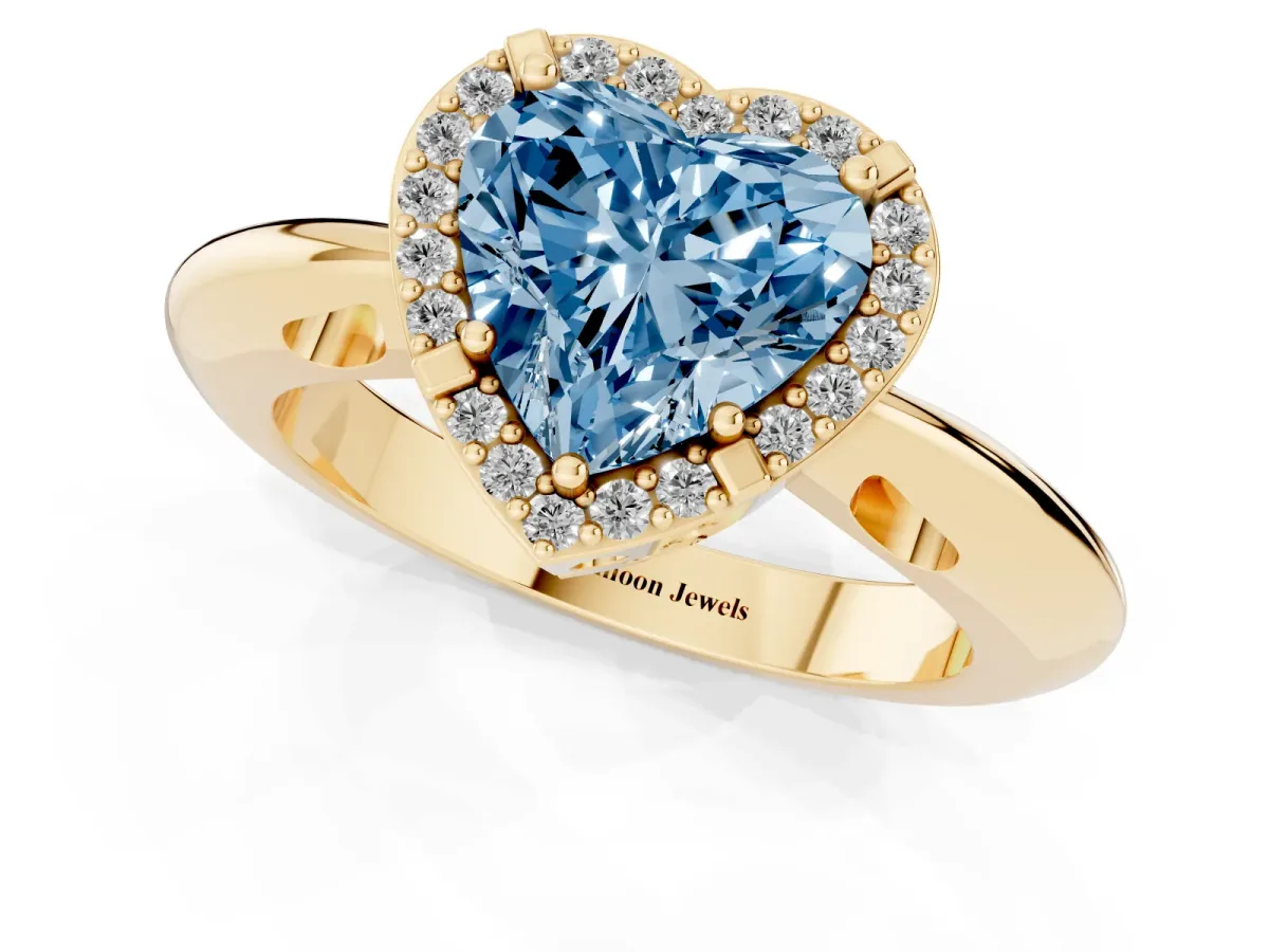 Fancy Blue Heart Cut Cut Diamond Halo Engagement Ring with Split Shank and Four-Prong Setting Yellow gold