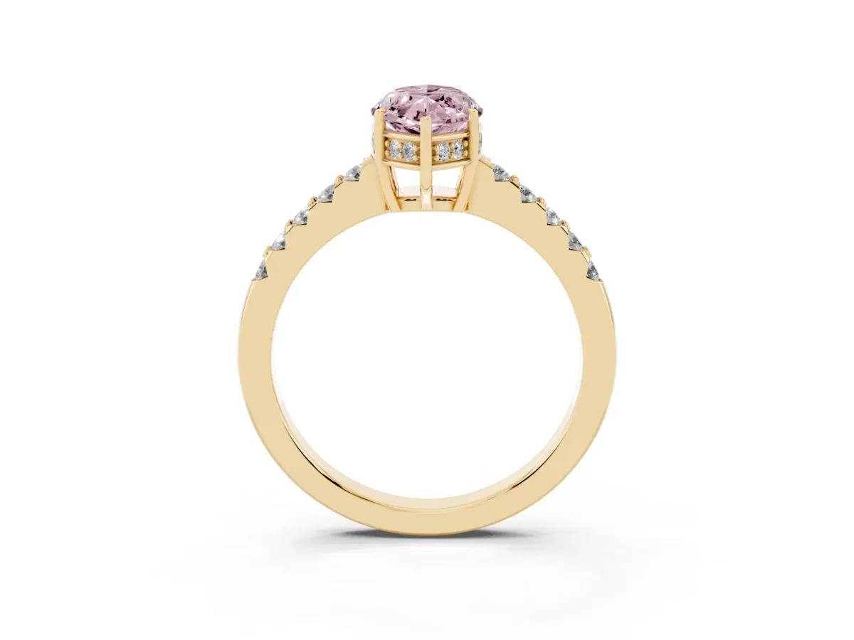 Fancy Pink Marquise Cut Solitaire Diamond Engagement Ring with Pavé Band and Six-Prong Setting Yellow gold
