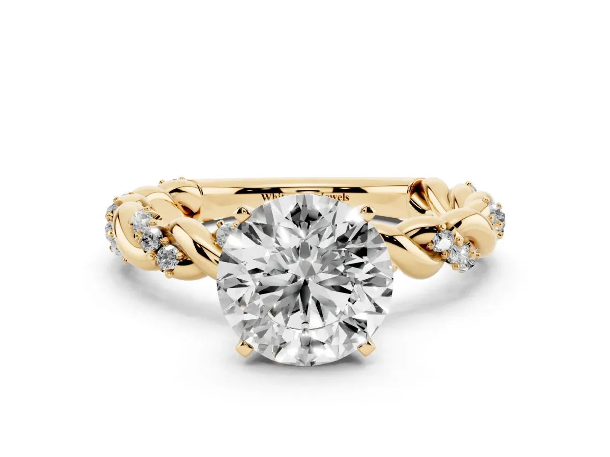 Round Cut Diamond Solitaire Ring with Twisted Band and Pavé Accents Yellow gold