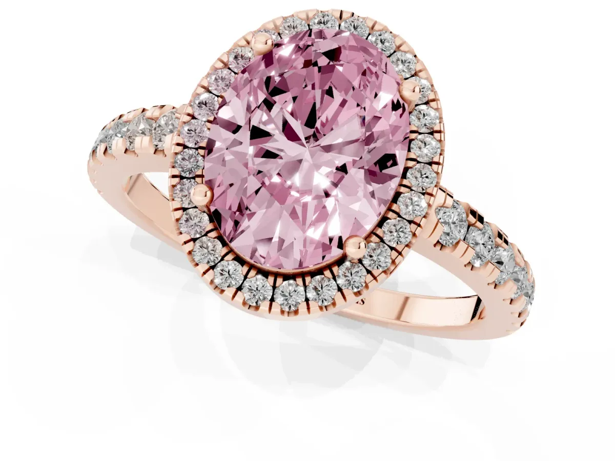 Fancy Pink Oval Cut Diamond Halo Ring with Pavé Band and Four-Prong Setting Rose gold