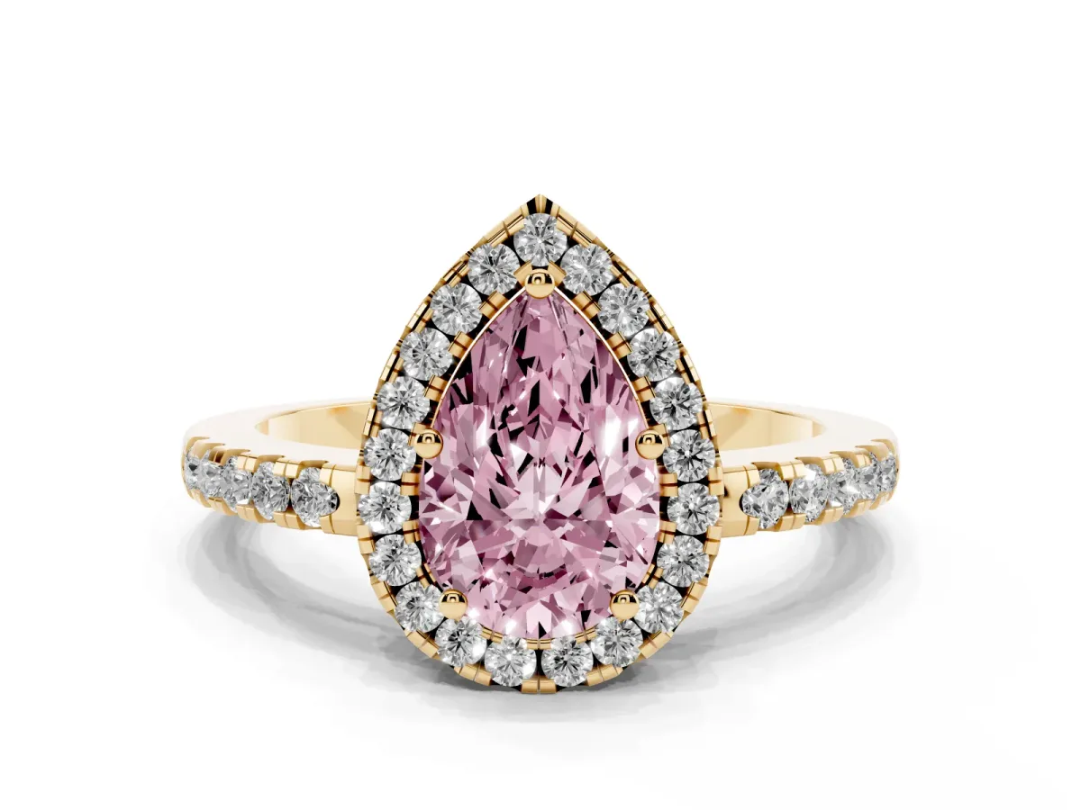 Fancy Pink Pear Cut Halo Diamond Engagement Ring with Pavé Band and Four-Prong Setting Yellow gold