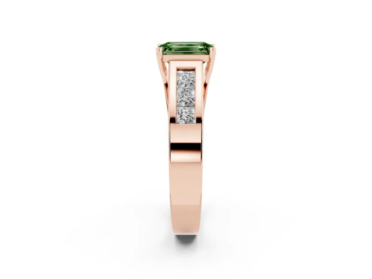 Fancy Green Emerald Cut Cut Channel Set Solitaire Ring with Four-Prong Setting Rose gold